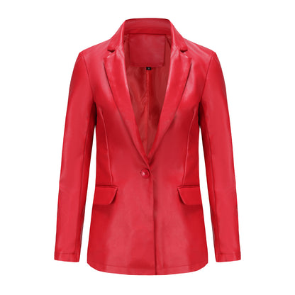 Chaqueta blazer informal de PU de manga larga con solapa de color sólido para mujer