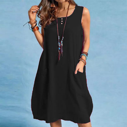 Spring And Summer Women Cotton Loose Casual Solid Color Sleeveless Dress