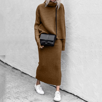 Conjunto de dos piezas informal holgado de cuello alto y manga larga para mujer, de punto liso, para invierno y otoño