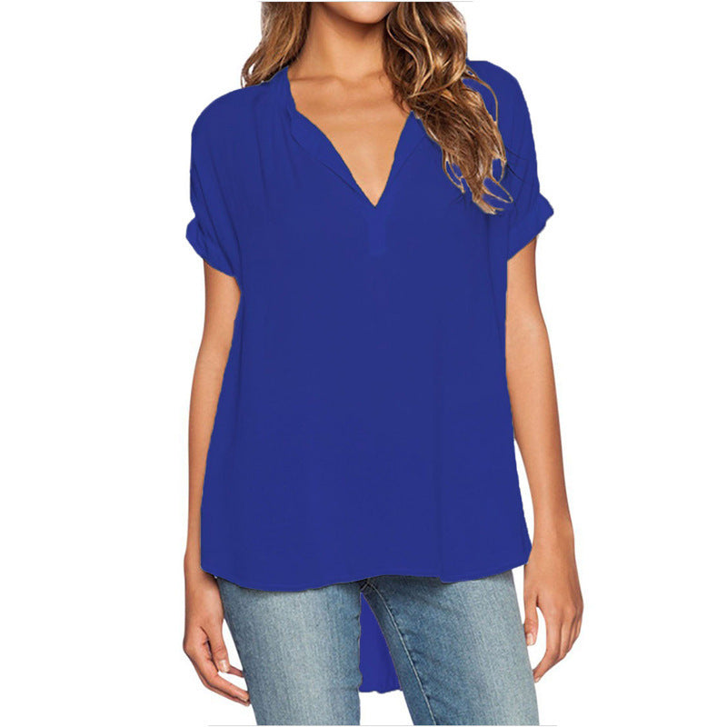 Blusa holgada informal de manga corta con cuello en V liso para mujer, estilo chic de oficina