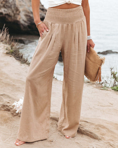 Women Cotton Linen Pockets Solid Loose Casual Wide Leg Long Trousers Pants