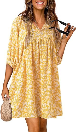 Vestido bohemio informal con estampado floral y cuello en V y mangas farol para mujer