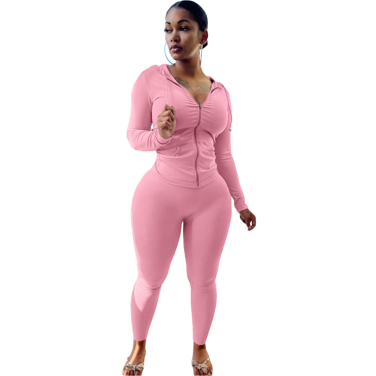 Conjunto deportivo informal para mujer, con capucha y pantalones ajustados, color liso, con cremallera