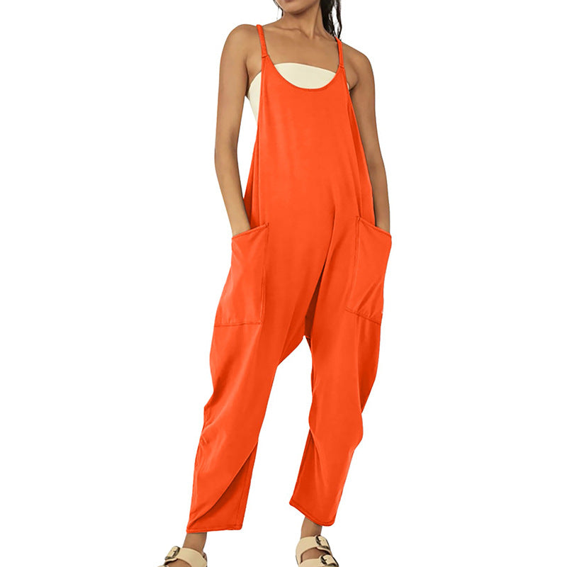Women Fashion Casual Solid Color Pocket Suspenders Loose Jumpsuit