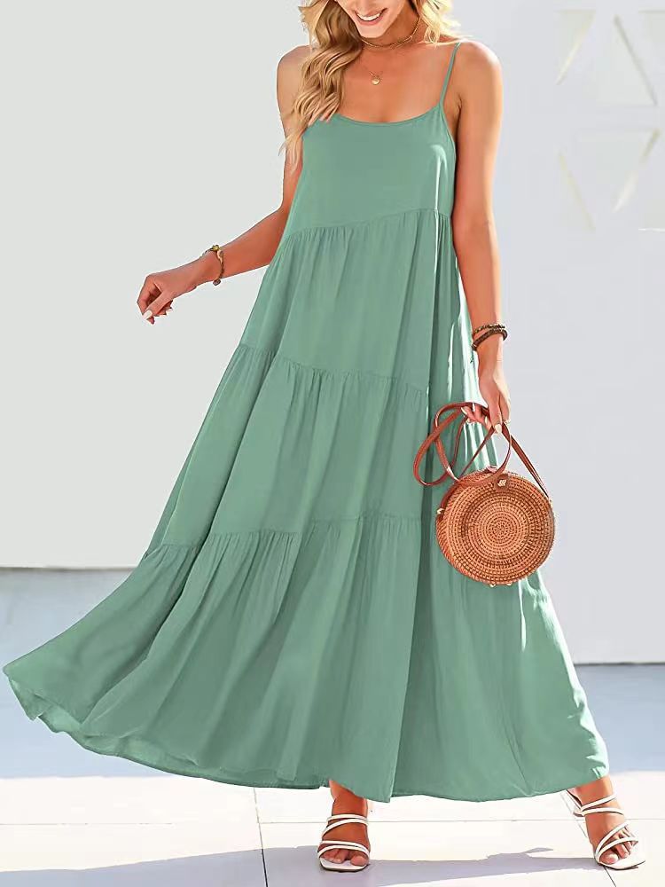 Women Fashion Casual Solid Color Sling Creased Maxi Dress