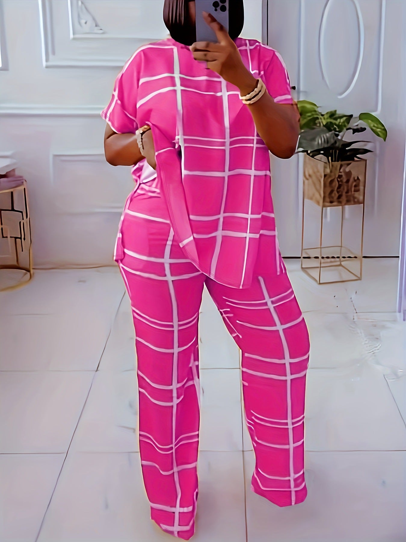 Conjunto de dos piezas informal de talla grande para mujer, con estampado a cuadros, manga corta, pantalones anchos