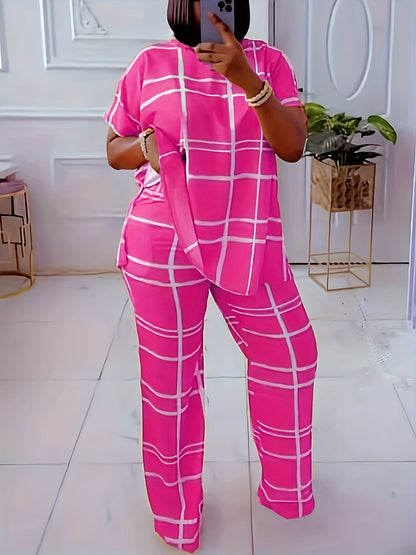 Conjunto de dos piezas informal de talla grande para mujer, con estampado a cuadros, manga corta, pantalones anchos