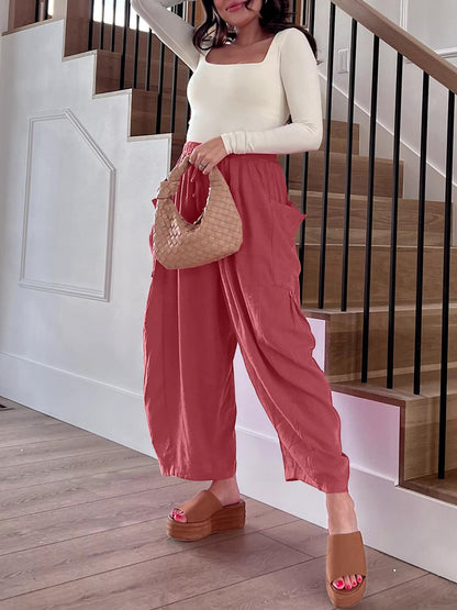 Pantalones cargo informales para mujer, con cintura elástica, plisados, de cintura alta, anchos y holgados, de algodón y lino con bolsillos.