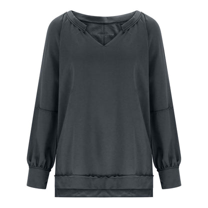 Camiseta informal holgada de manga larga con cuello en V y estampado irregular para mujer