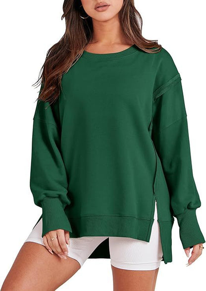 Sudadera informal de color liso con cuello redondo y manga larga para mujer