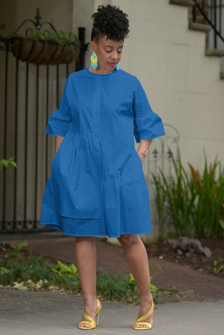 Spring And Summer Falre Sleeve Solid Color Women Casual Ruffled Dress