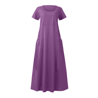 Women Casual Solid Color Cotton Linen Round Neck Short Sleeve Loose Dress