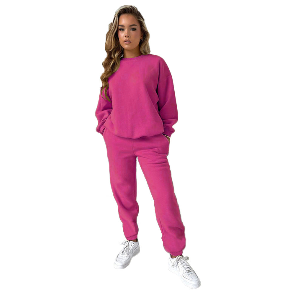 Conjunto informal de dos piezas con top y pantalón holgado de manga larga y cuello redondo de color liso para mujer