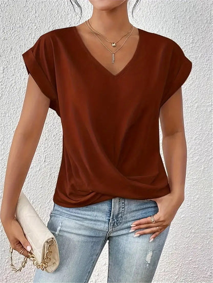 Camiseta informal de verano para mujer, color liso, cuello en V, manga corta, sin mangas