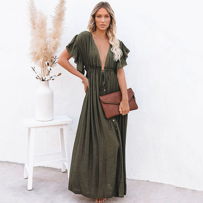 Traje de baño de playa informal holgado con cuello en V y manga corta de color liso para mujer