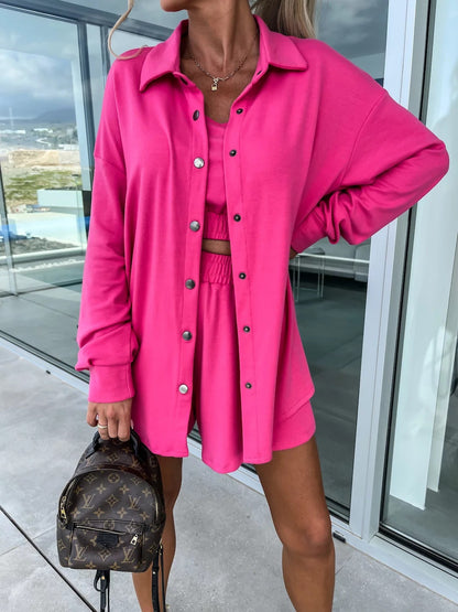 Conjunto de tres piezas de camisa de manga larga y blusa holgada de color liso informal de calle para mujer