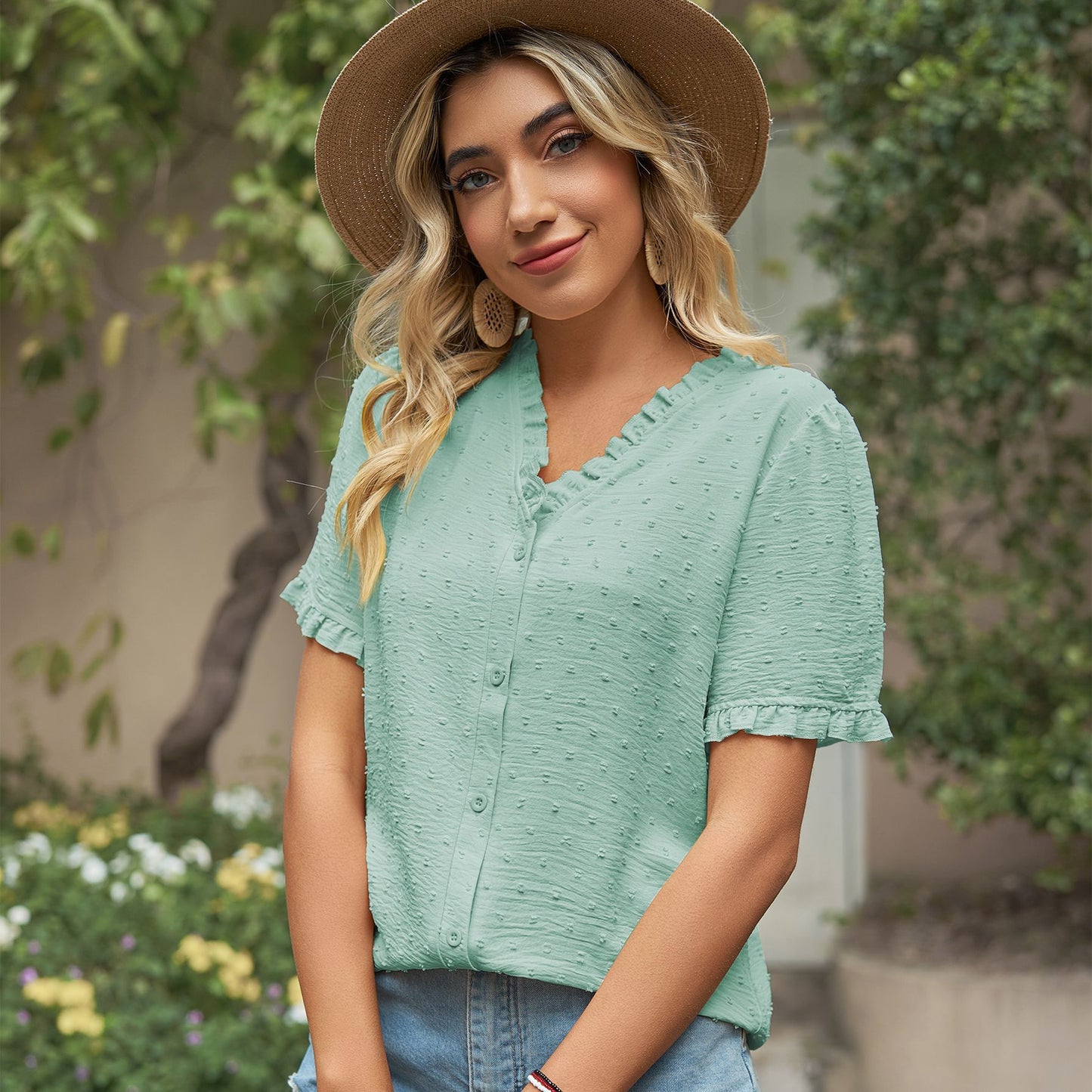Blusa informal de verano para mujer, de gasa, con cuello en V, floral, de manga corta y color liso