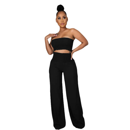 Conjunto de dos piezas para mujer, informal, elegante, de color liso, con top de tubo y pantalones holgados
