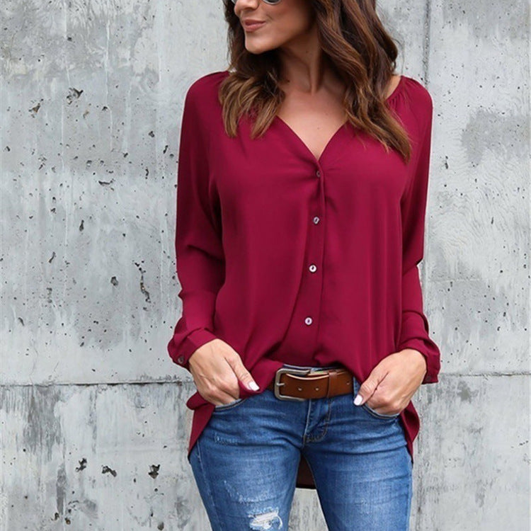 Blusa informal de gasa holgada con cuello en V y botones de manga larga para mujer