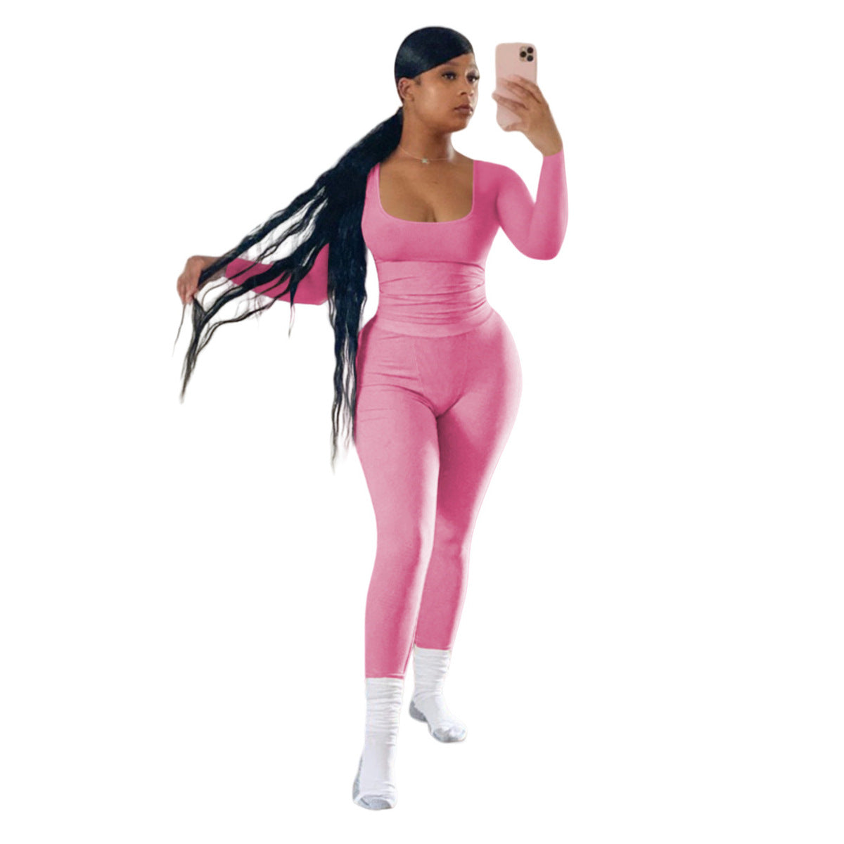 Women Fashion Casual Solid Color Thread Long Sleeve Top Tight Pants Two-Piece Set