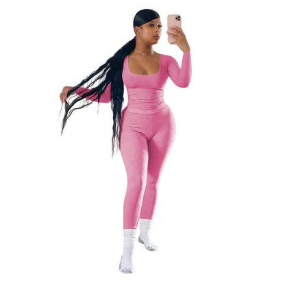 Women Fashion Casual Solid Color Thread Long Sleeve Top Tight Pants Two-Piece Set