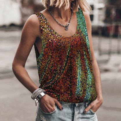 Women Fashion Casual Sequins Rhinestone U Neck Tank Top