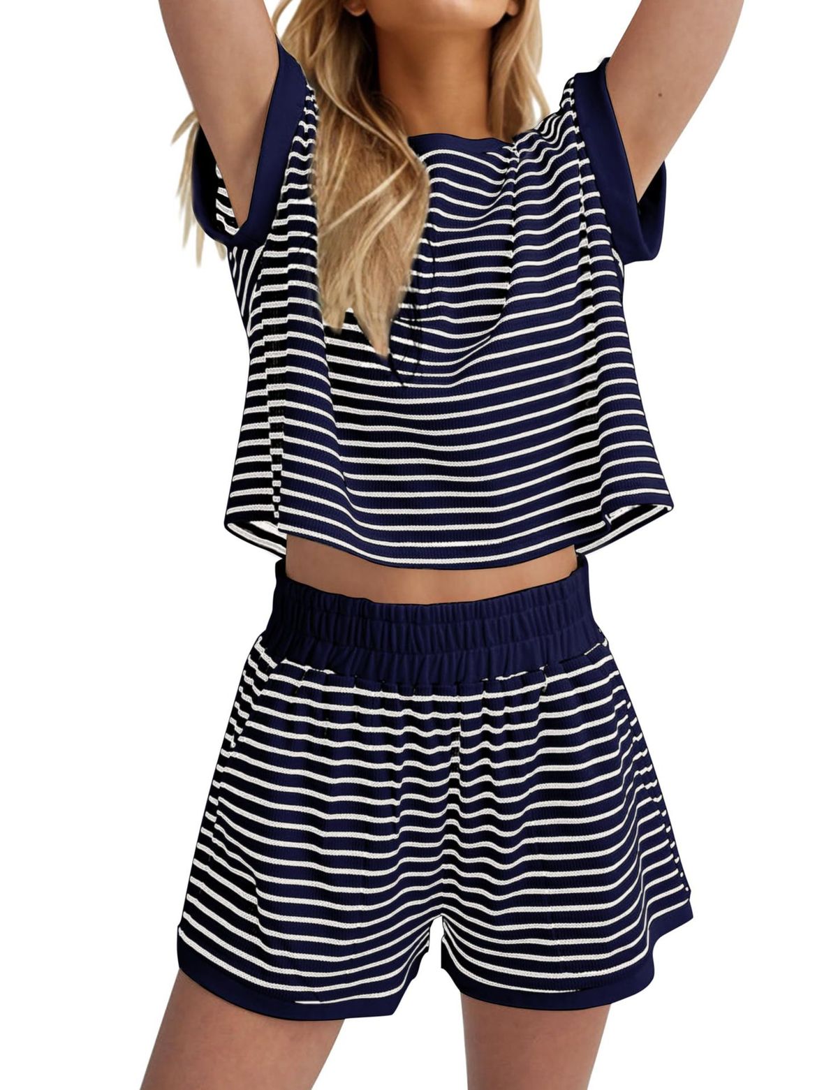 Conjunto de dos piezas de camiseta de manga corta con rayas de contraste de color para mujer