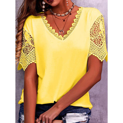 Blusa informal de manga corta con cuello en V, holgada, con encaje y patchwork de color liso para mujer