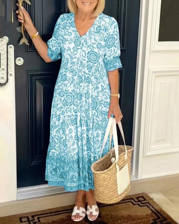 Women Fashion Casual Floral Printing V Neck Short Sleeve Dress