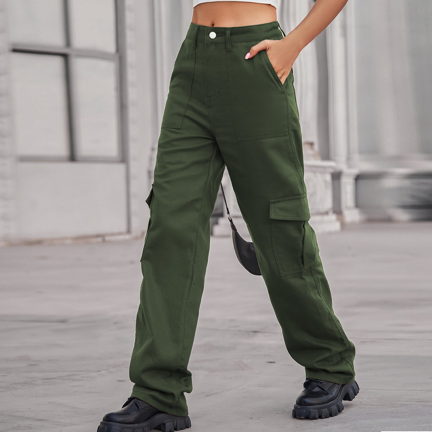 Women Fashion Casual High Waist Denim Cargo Pants