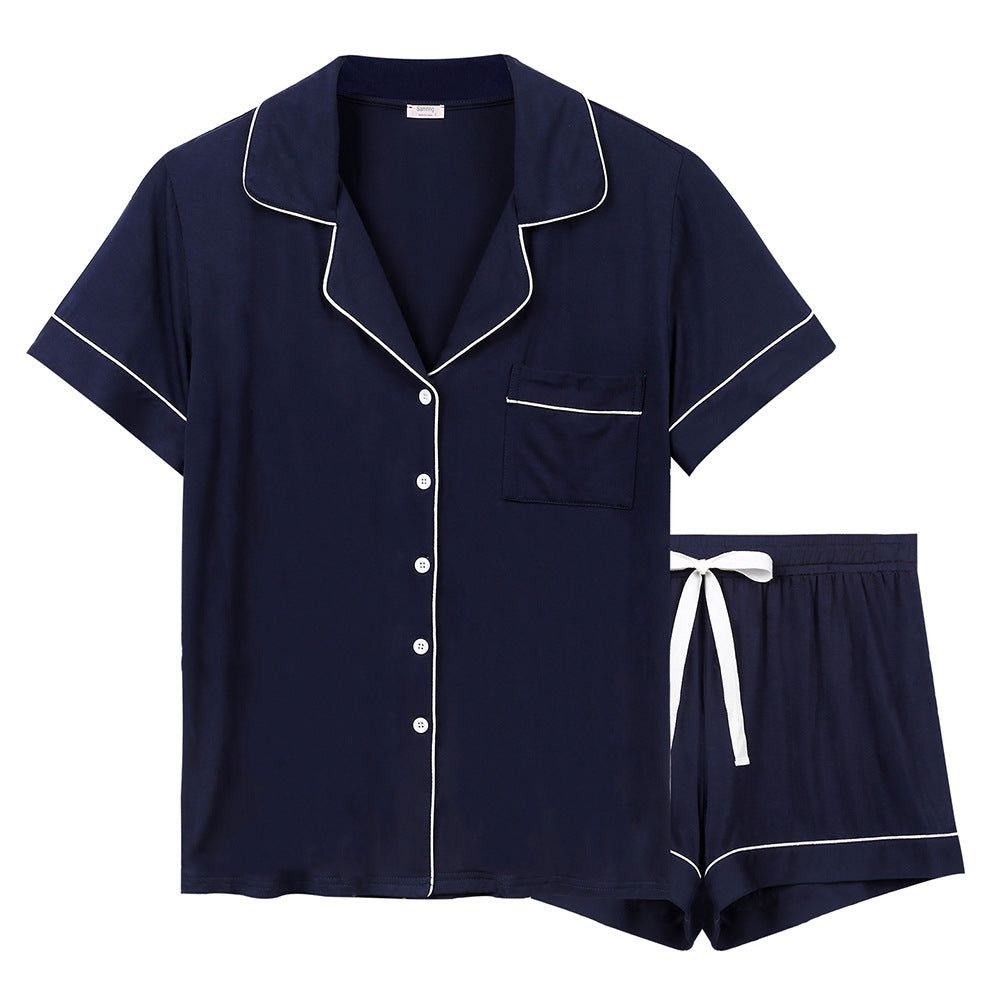 Pijama de dos piezas de verano para mujer, transpirable, informal, con solapa y manga corta.