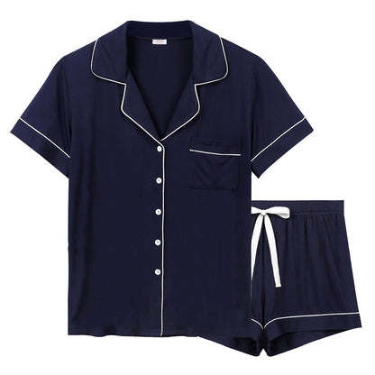 Pijama de dos piezas de verano para mujer, transpirable, informal, con solapa y manga corta.