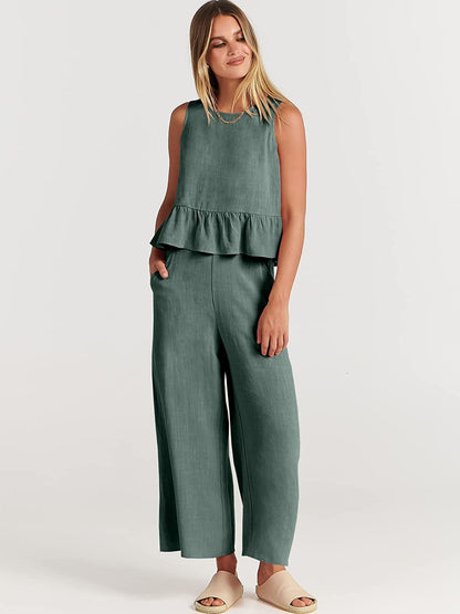 Conjunto de dos piezas de top informal sin mangas y pantalón ancho para mujer