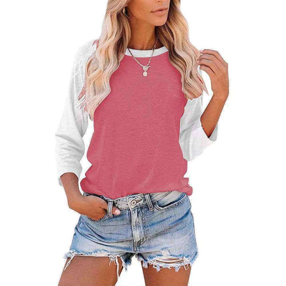 Camiseta informal de manga larga con cuello redondo y contraste de colores para mujer