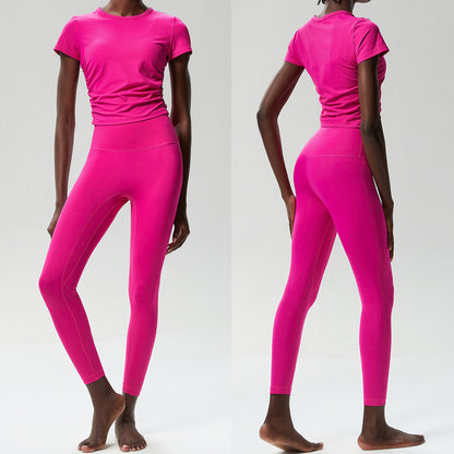 Conjunto de dos piezas para mujer, camiseta de manga corta con cuello redondo, pantalones deportivos ajustados para correr