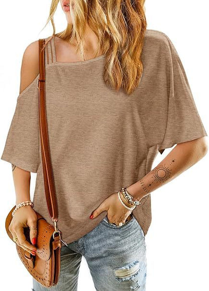 Camiseta informal de verano para mujer, de manga corta, color liso, con fugas