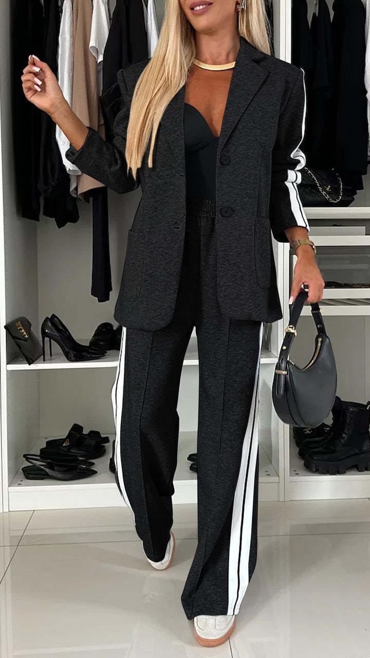 Conjunto de dos piezas de blazer, abrigo y pantalones de manga larga con solapa informal para mujer