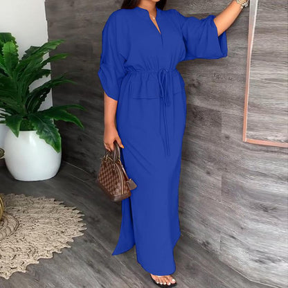 Women Solid Color Long Sleeve Stand Collar Waist Slit Loose Casual Long Dress
