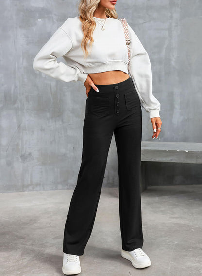 Fashion Women Casual Straight High Waist Button Elastic Multiple Pockets Pants