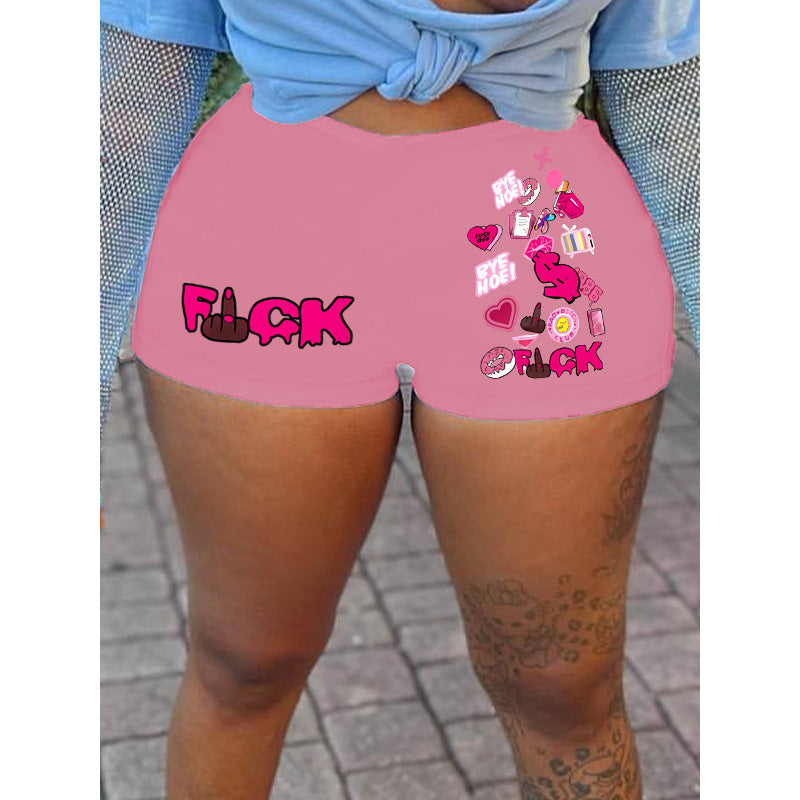 Women Fashion Casual Letter Printing Elastic Waist Shorts
