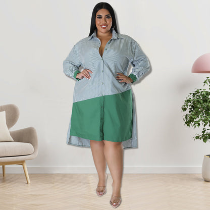 Women Fashion Casual Plus Size Stripe Long Sleeve Dress