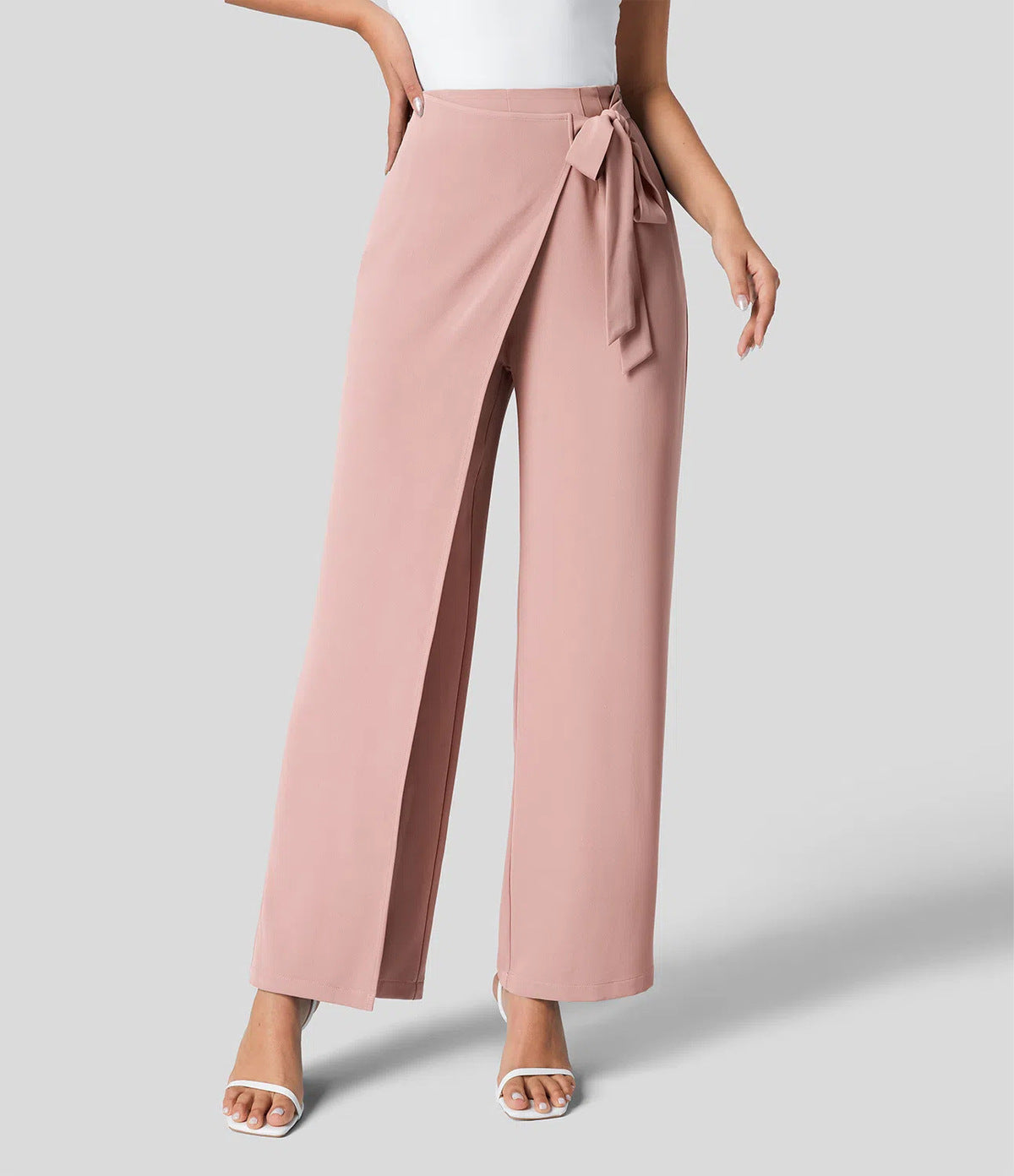 Women Fashion Casual Solid Color Lace-Up Wide Leg Pants