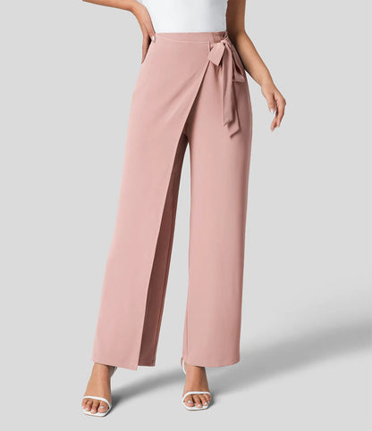 Women Fashion Casual Solid Color Lace-Up Wide Leg Pants