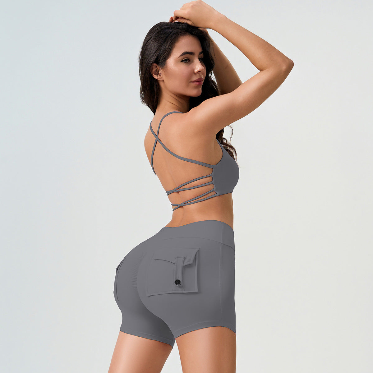 Conjunto de dos piezas de yoga con sujetador y pantalones cortos de cintura alta, estilo casual, sin espalda cruzada y a prueba de golpes para mujer