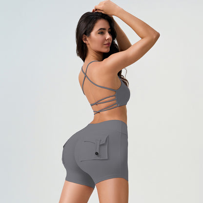 Conjunto de dos piezas de yoga con sujetador y pantalones cortos de cintura alta, estilo casual, sin espalda cruzada y a prueba de golpes para mujer