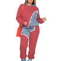 Conjunto de dos piezas con capucha y pantalones de mezclilla con parches informales a la moda para mujer
