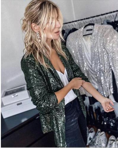 Chaqueta informal de manga larga con solapa y lentejuelas de color liso para mujer