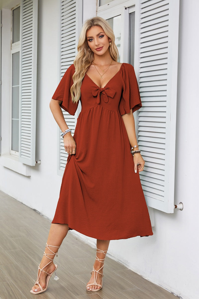 Vestido informal de manga corta con lazo y escote en V para mujer