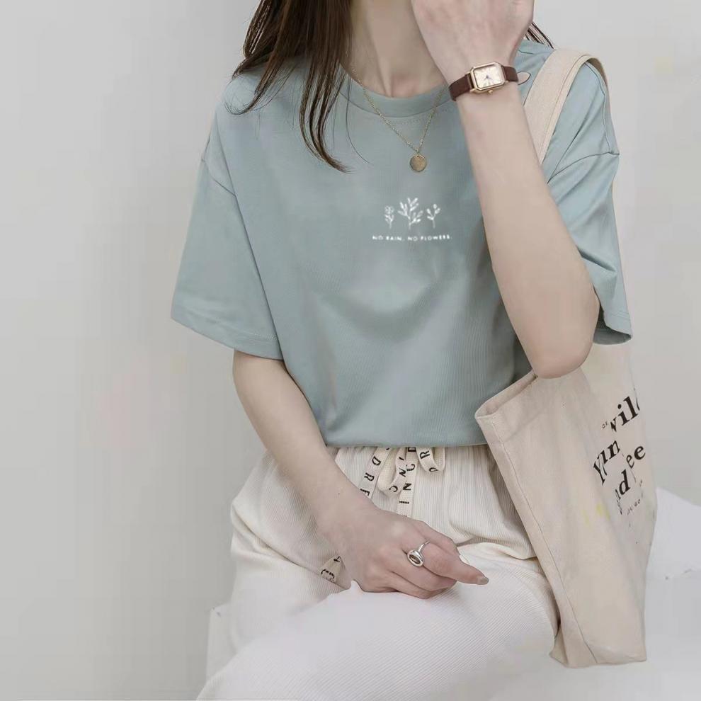 Camiseta informal de verano para mujer con estampado de plantas, cuello redondo y manga corta