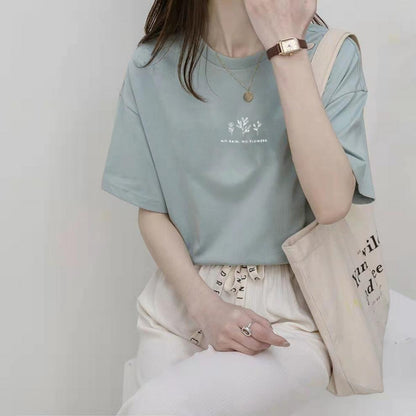Camiseta informal de verano para mujer con estampado de plantas, cuello redondo y manga corta